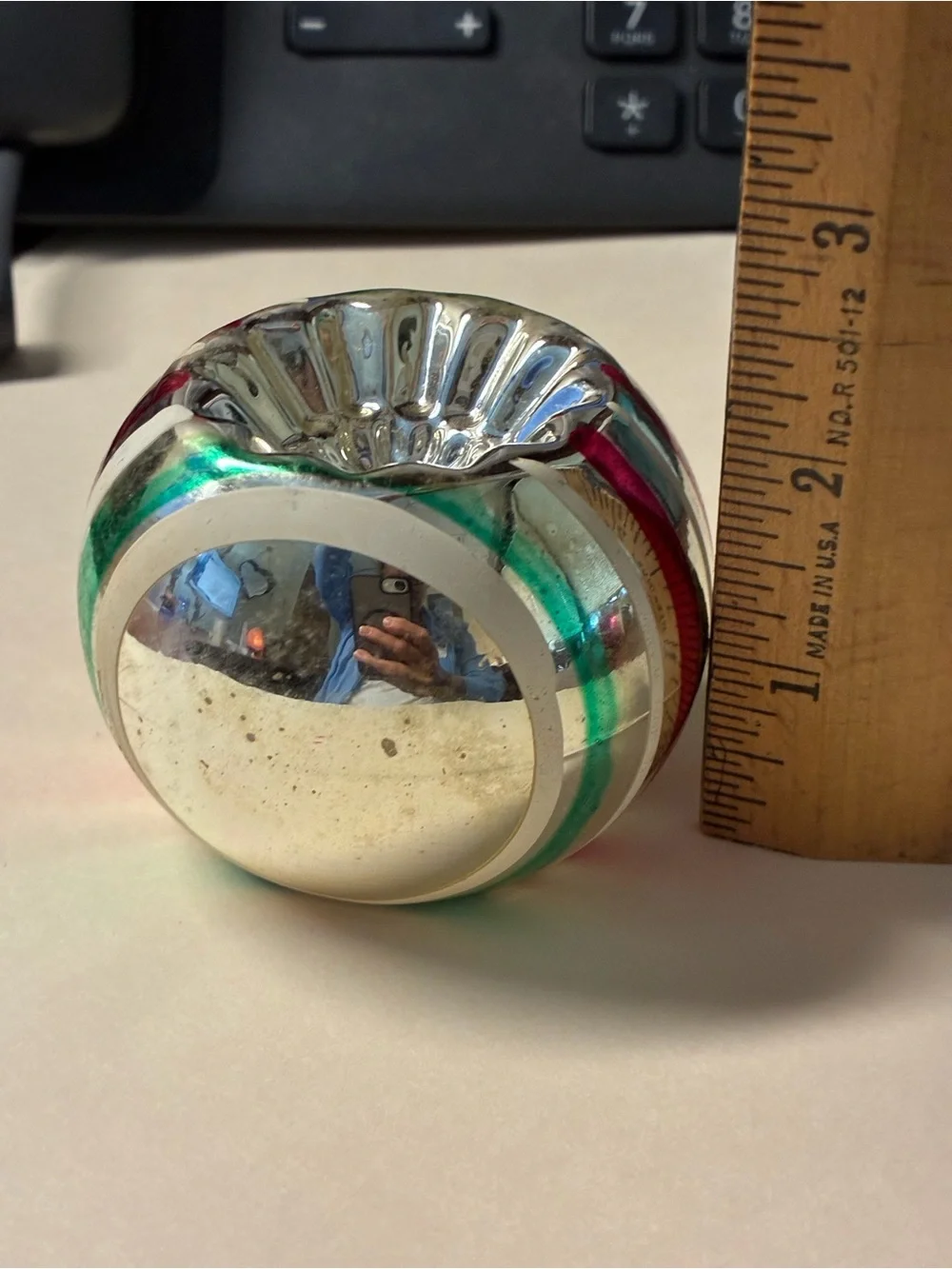 Vintage shiny  brite Silver Glass Holiday Ornament with Red and Green Accents